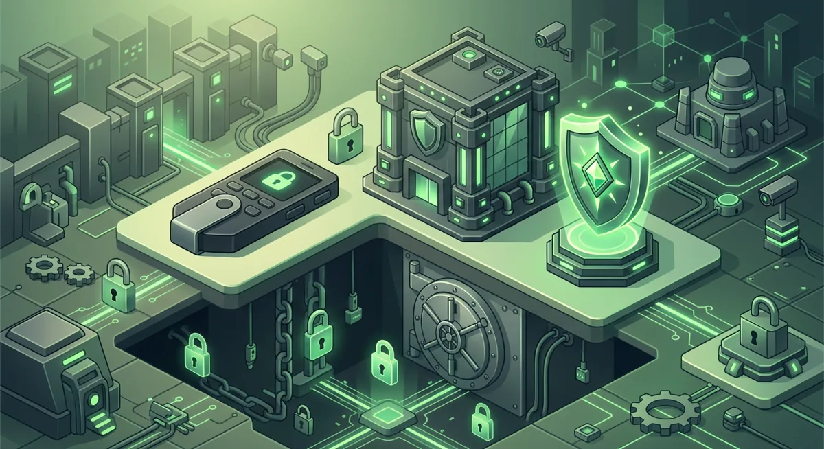 Hardware wallet and exchange vault illustrating crypto staking custody choices