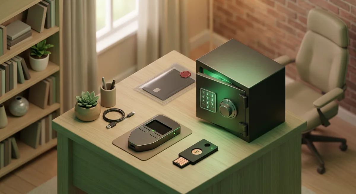 Cold storage security setup with a hardware wallet, safe, backup card, and hardware security key