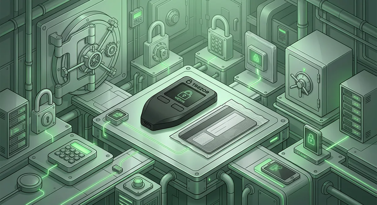 Trezor hardware wallet beside a secure offline recovery backup