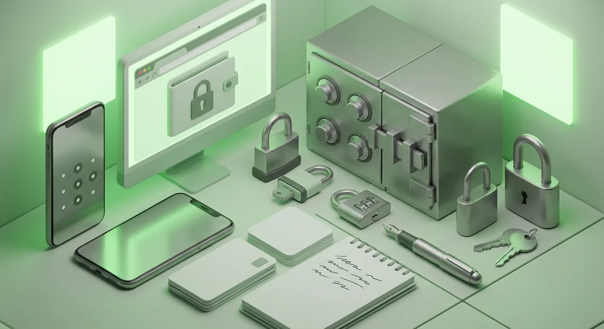 Secure wallet setup with devices, locks, and an offline recovery backup