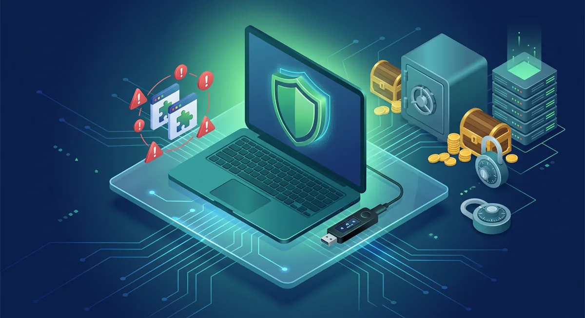Laptop, hardware wallet, and shield icons showing endpoint protection for crypto storage