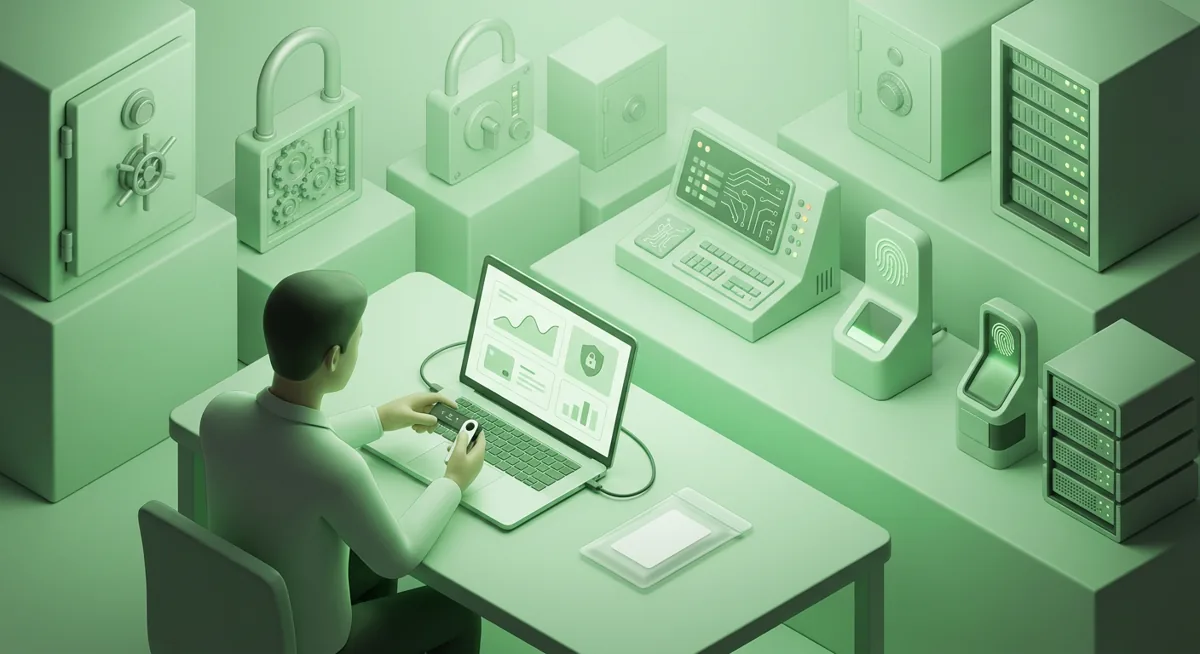 Hardware wallet recovery scene with locks, vaults, and protected devices