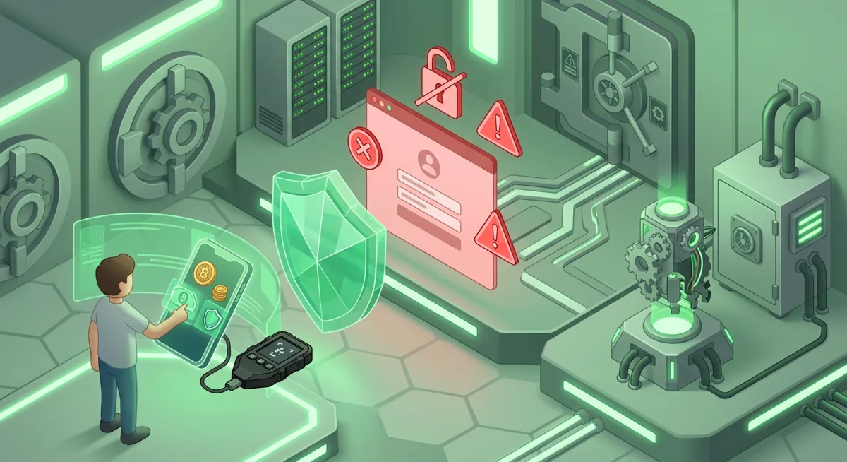 Isometric illustration of crypto wallets protected from phishing warnings