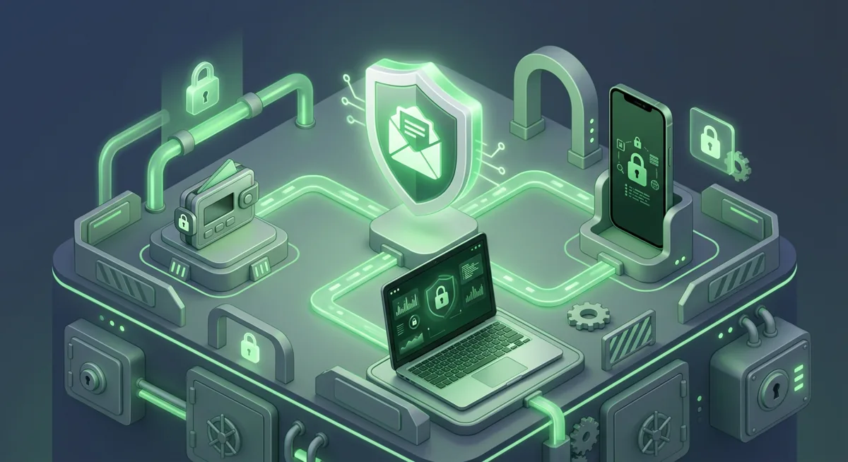 Email inbox shield protecting a wallet, phone, and laptop