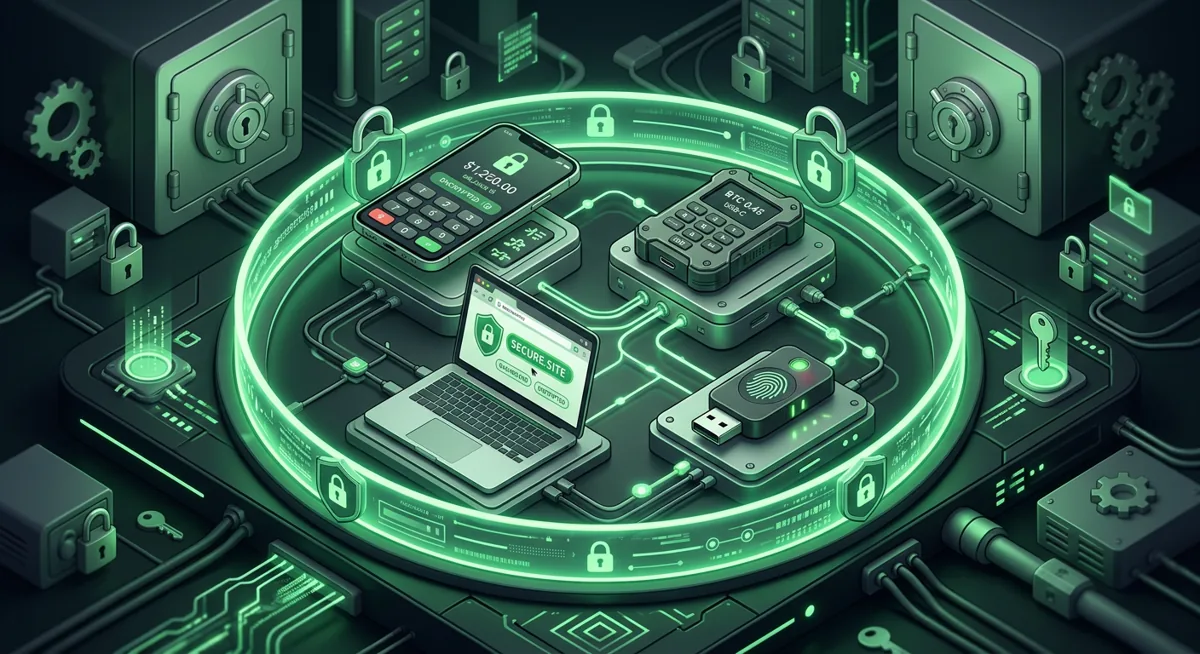Crypto wallet devices protected by locks and a security key