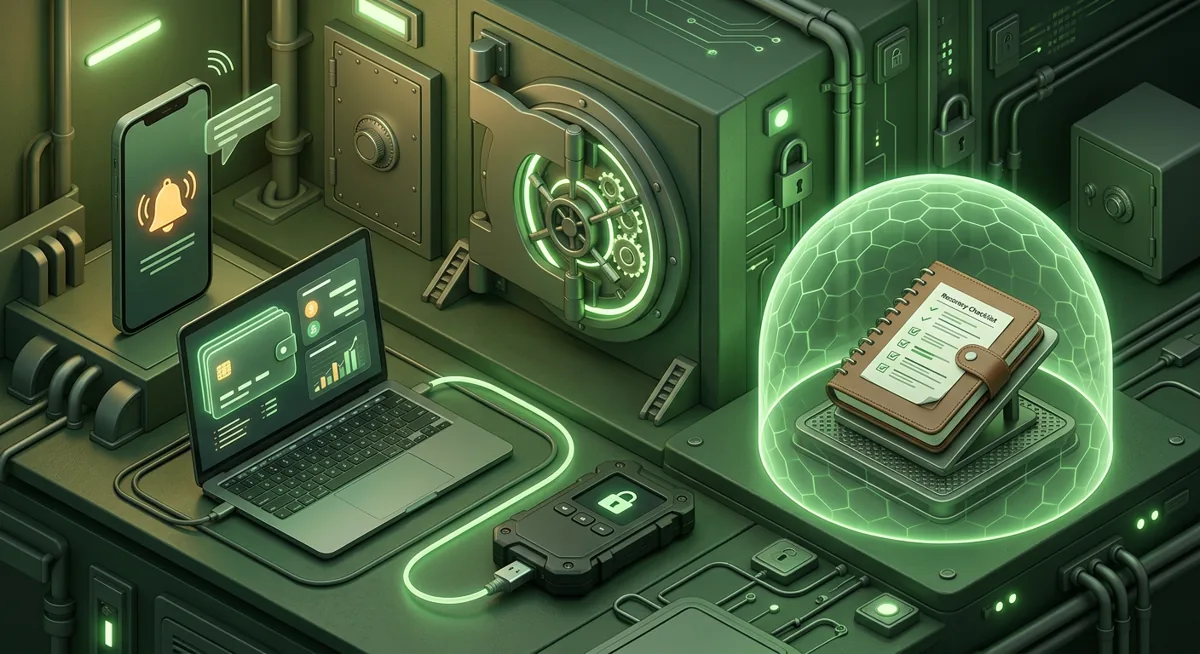 Isometric crypto security scene with devices, locks, and a protected wallet recovery checklist