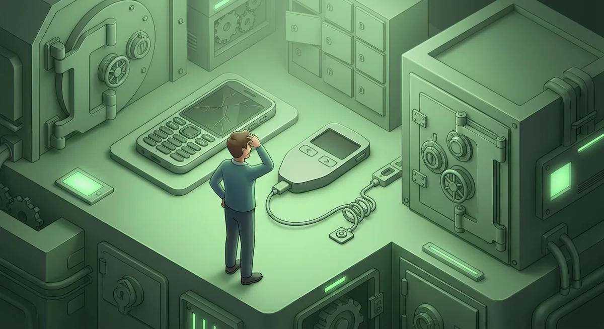 Secure wallet recovery scene with devices, locks, and a vault
