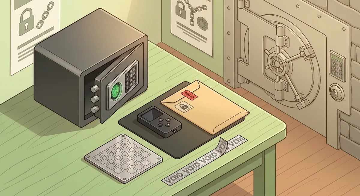 Fingerprint safe beside hardware wallet backup materials and tamper-evident storage