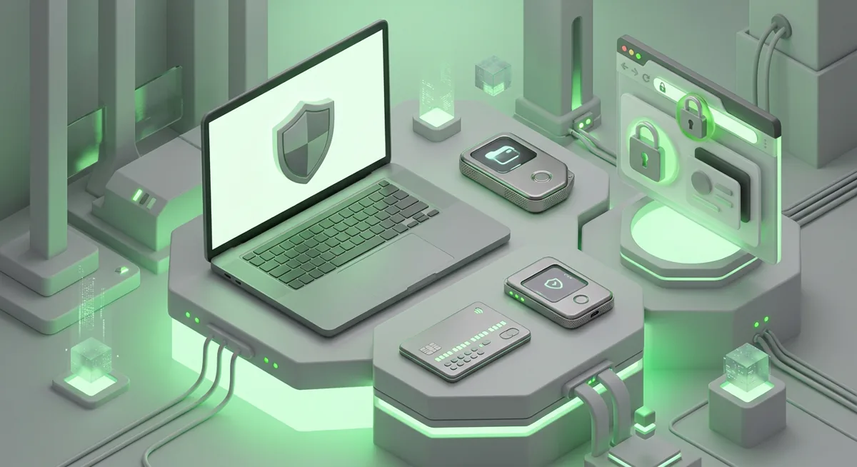 Crypto home security checklist with antivirus, link checking, password hygiene, and hardware wallet verification