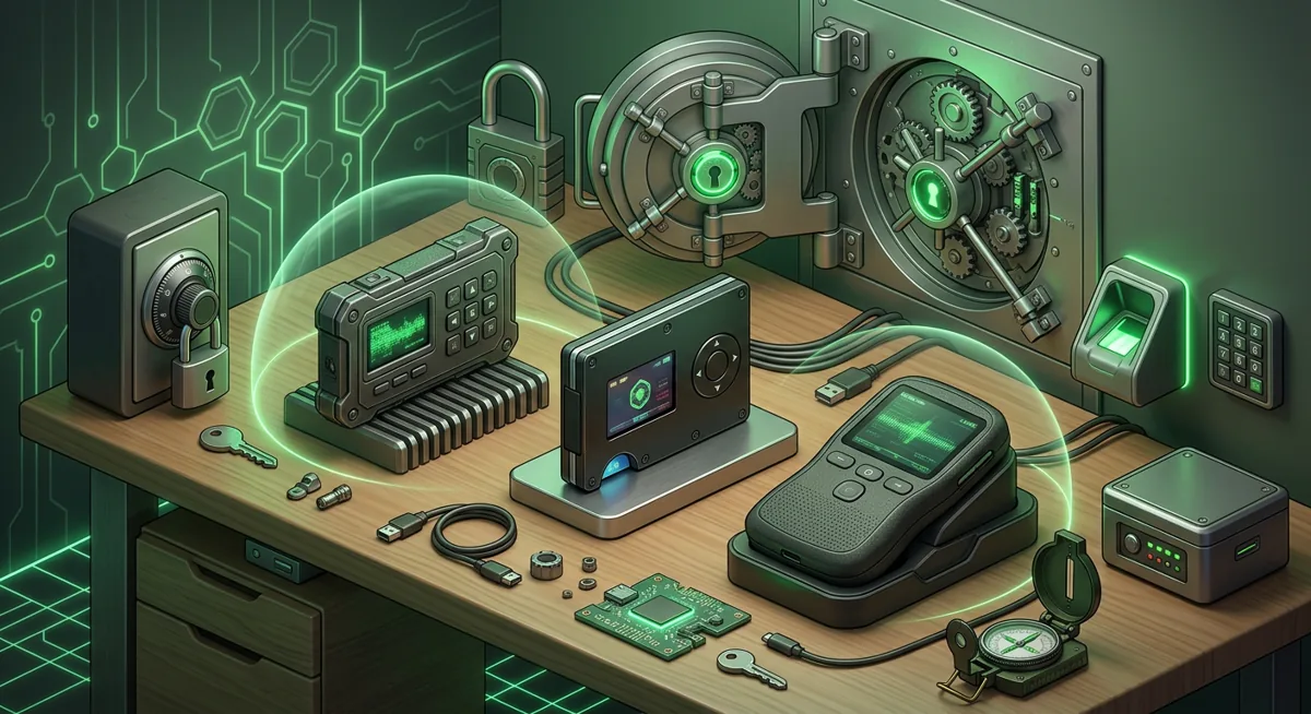 Isometric hardware wallet comparison with secure devices, locks, and a vault