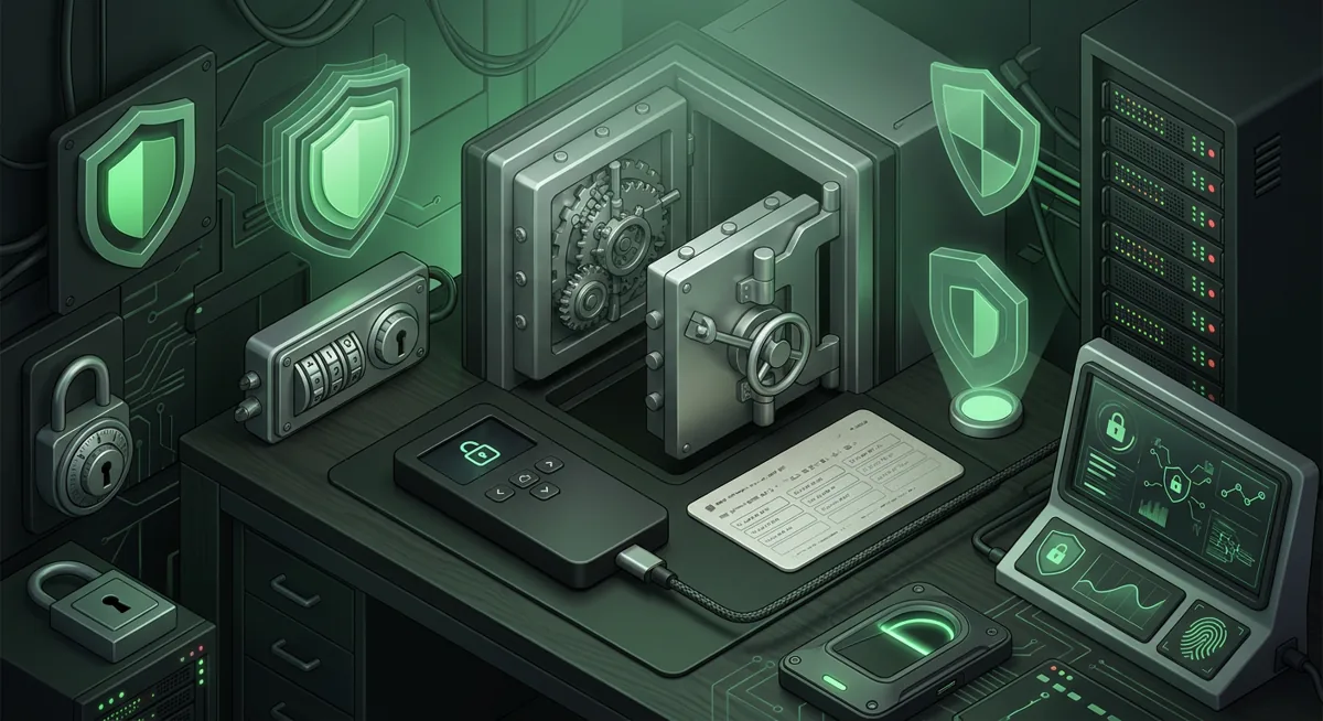 Hardware wallet protected by locks and a vault in soft green light