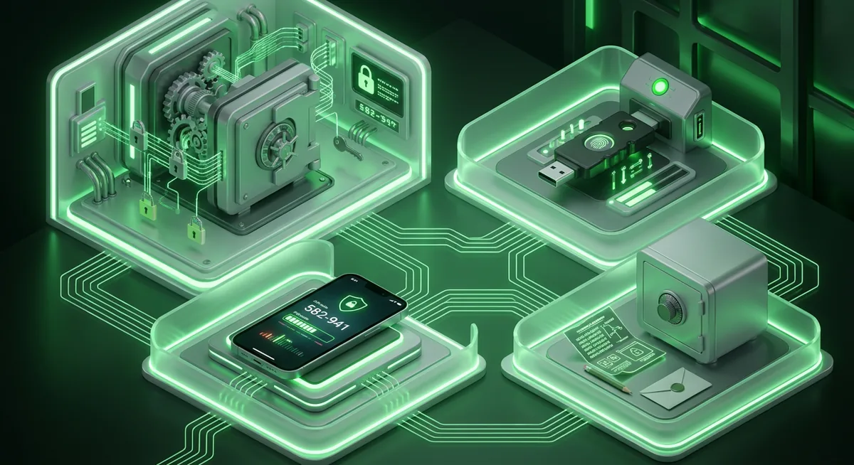 Password manager vault, hardware key, phone, and wallet backup shown as separate protected layers