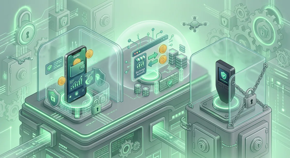 Digital currency custody options shown as a phone wallet, exchange vault, and hardware wallet with protective locks