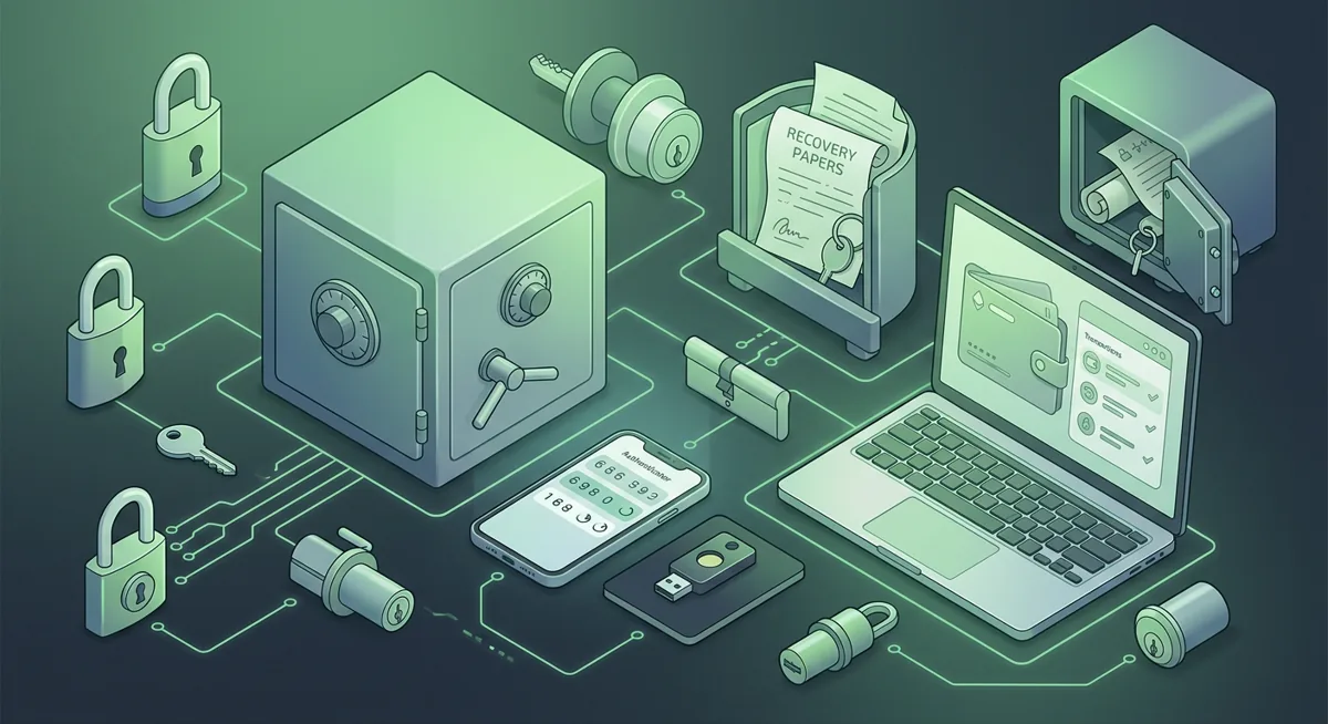 Crypto wallet authentication checklist with phone, hardware key, laptop, and recovery safe