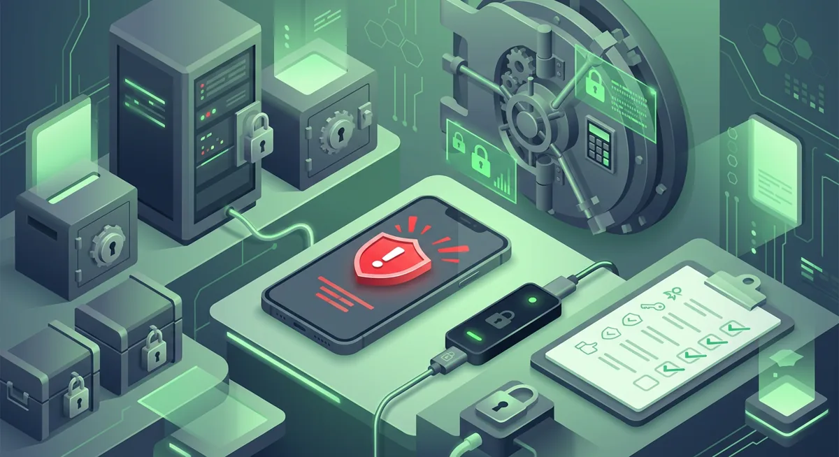 Isometric crypto wallet security scene with locks, devices, and a suspicious alert