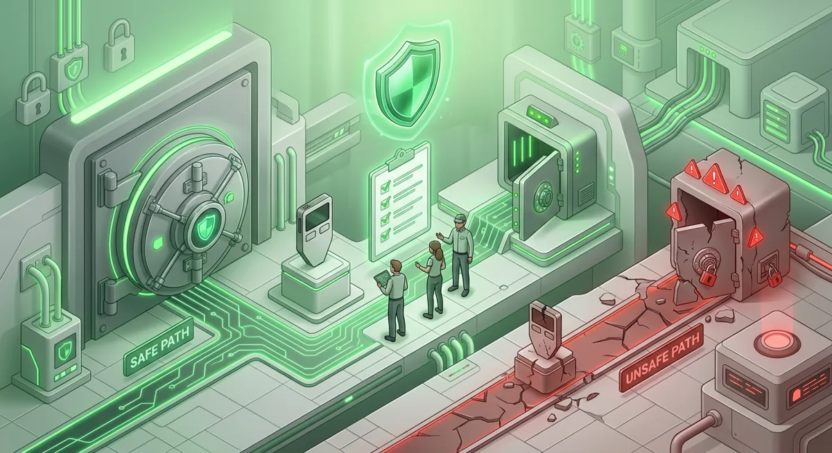 Incident response checklist beside a hardware wallet and secured crypto vault