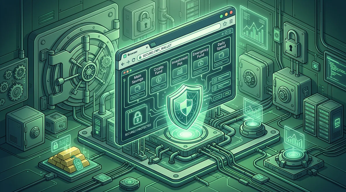 Isometric illustration of custom wallet accounts protected by locks and a vault