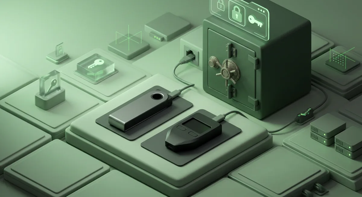 Hardware wallets beside a small vault representing safer crypto cold storage