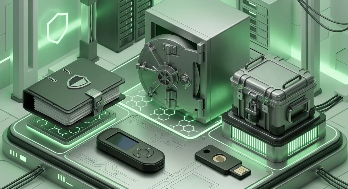 Isometric vault scene with wallet devices, a secure folder, and a sealed backup
