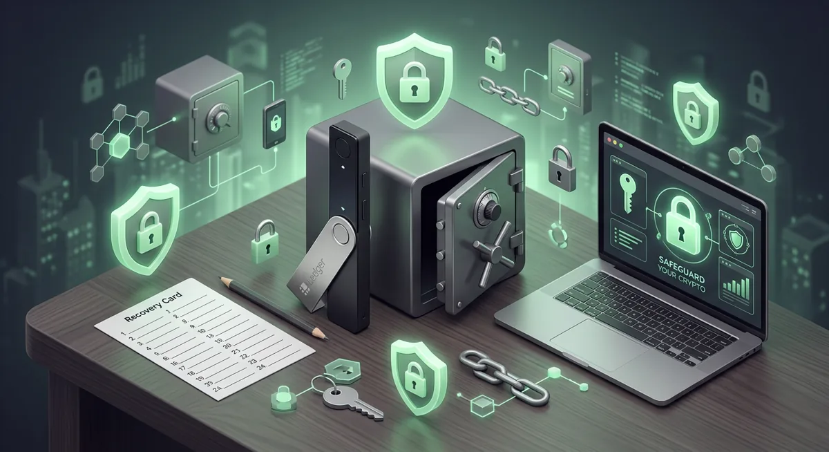 Ledger Nano X setup scene with vault, lock, laptop, and recovery card