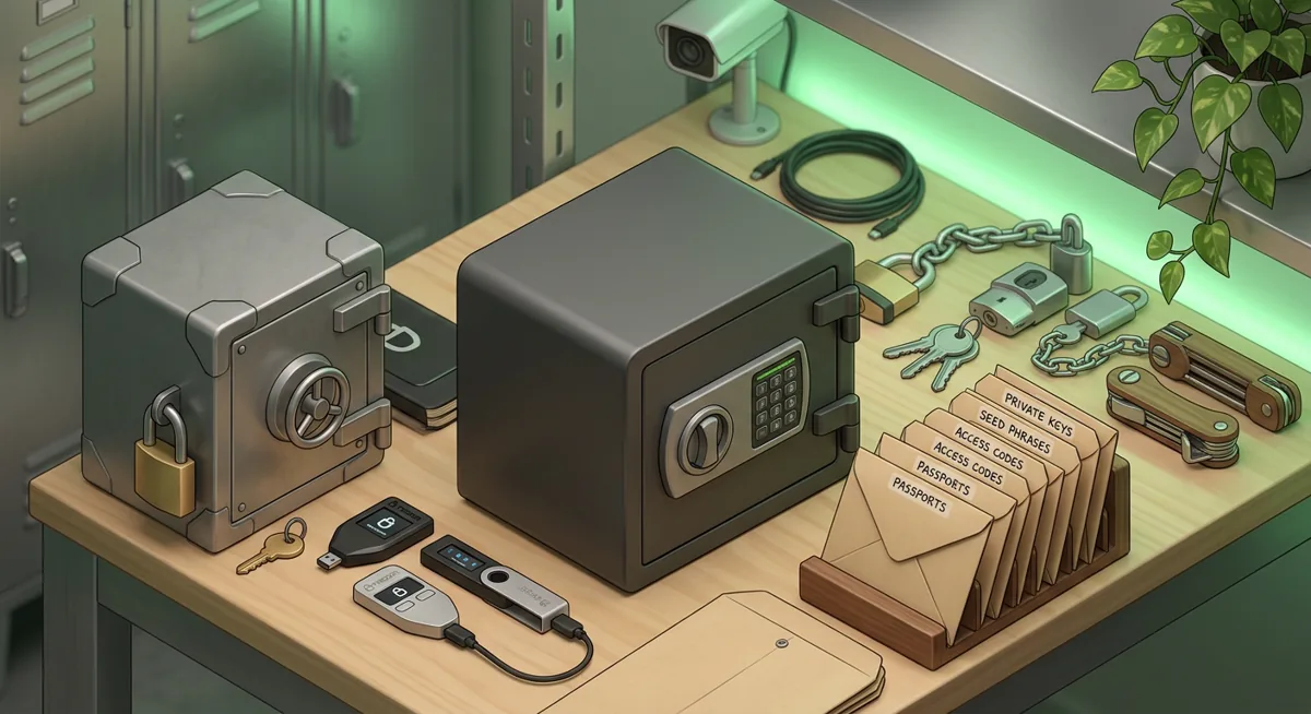 Hardware wallet, keycard, sealed envelope, and security safe arranged for careful key storage