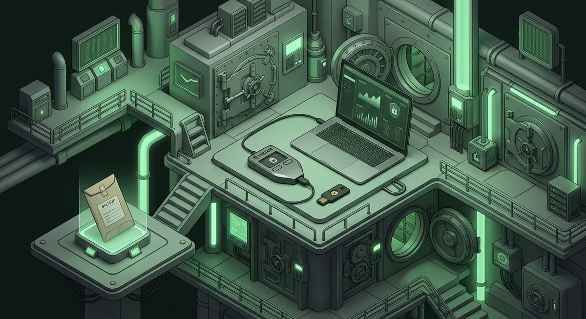 Hardware wallet, laptop, security key and offline recovery backup protected by soft green vault lighting
