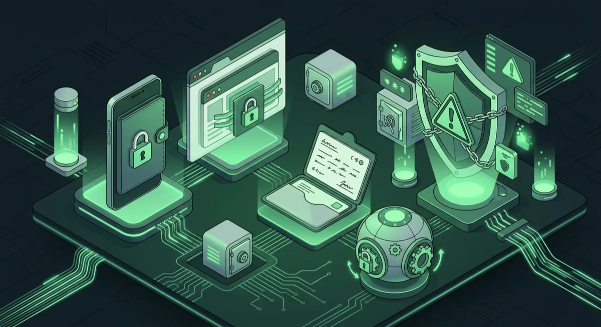 Software crypto wallet setup with devices, locks, and an offline recovery phrase backup