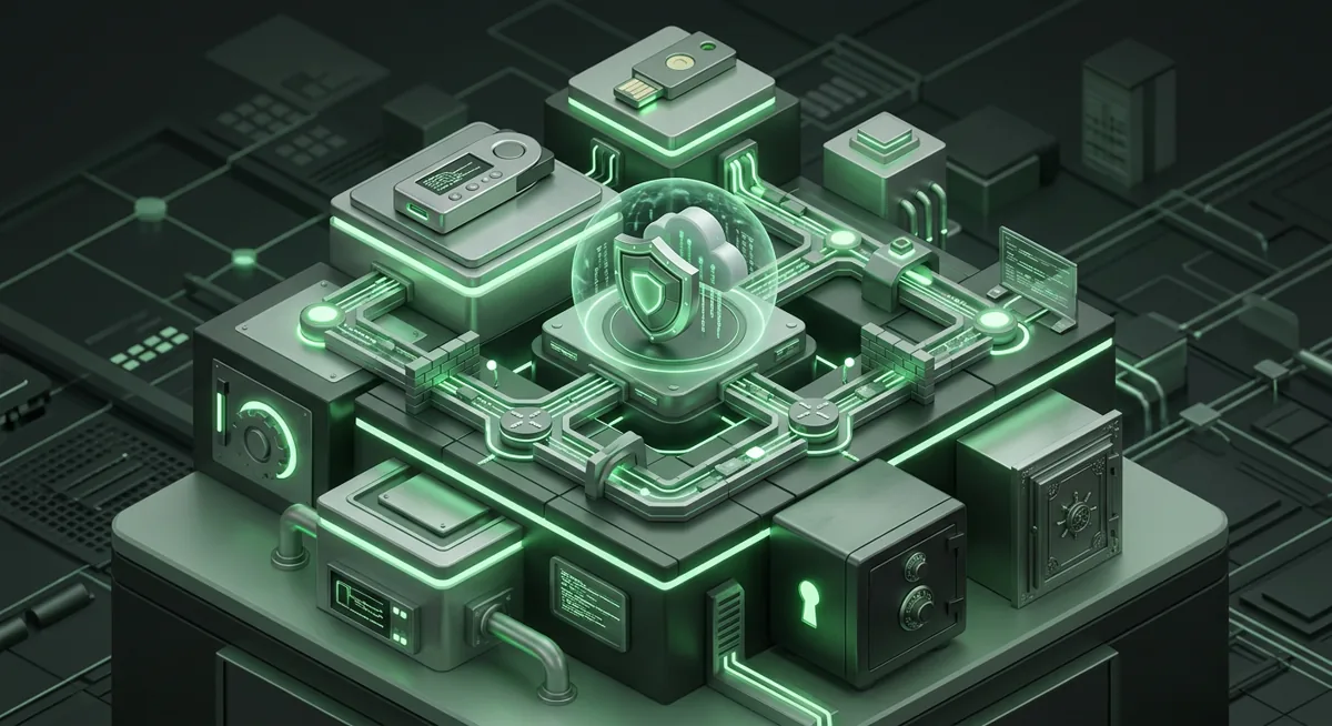 Zero trust crypto custody layers with wallets, security keys, cloud accounts, network segments, and a safe