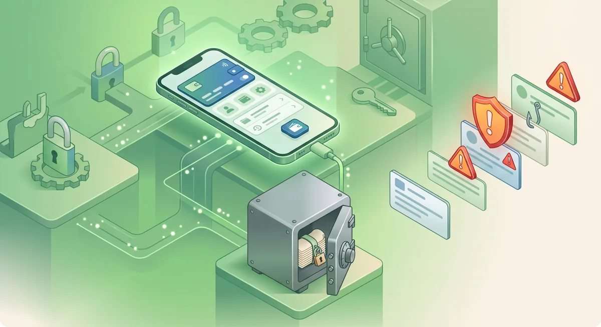 Coinbase Wallet recovery phrase protected beside a phone and vault