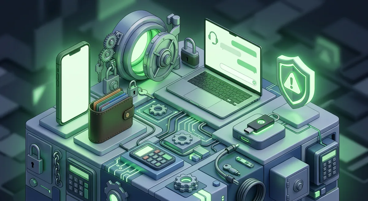 Isometric wallet security scene with devices, locks, and a fake support warning