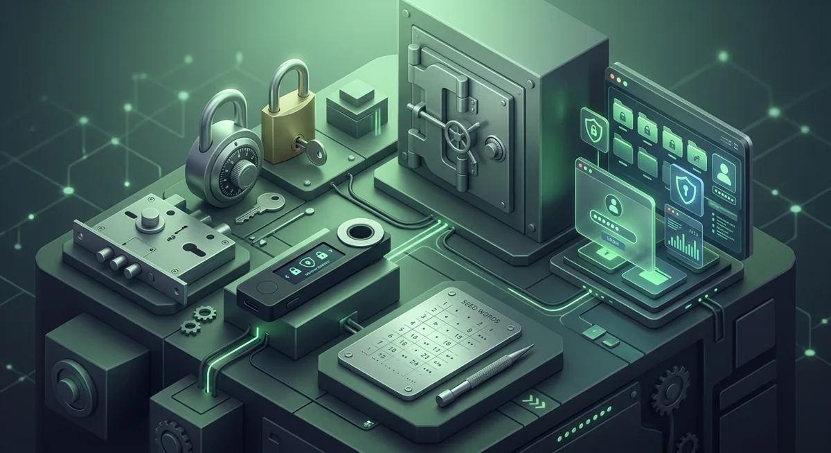Secure crypto backup setup with a safe, metal backup, hardware wallet, and password safe.