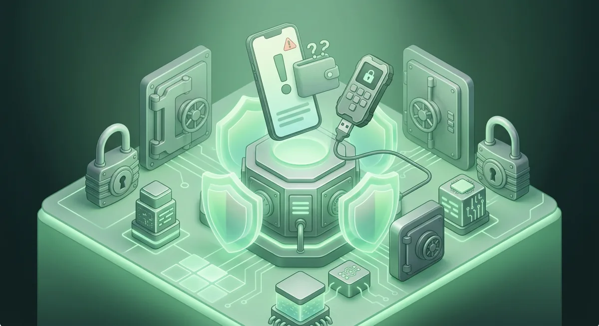 Isometric security illustration of wallet scam alerts near protected devices and a vault