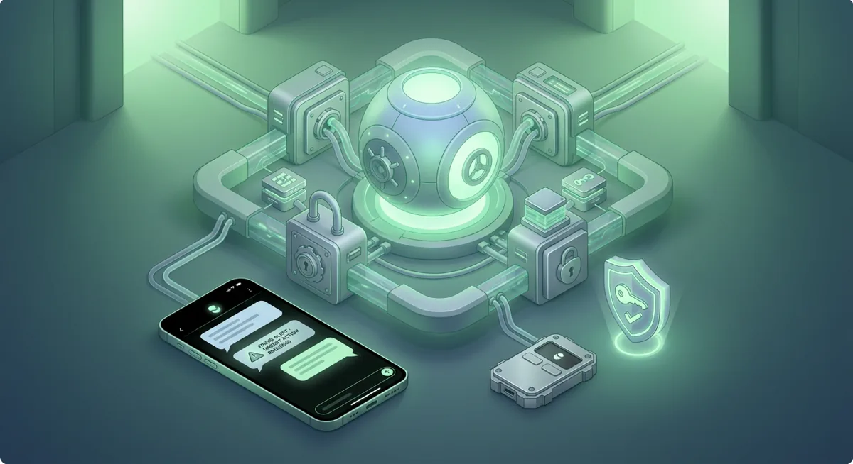 Isometric security illustration showing a wallet user avoiding a fake support message