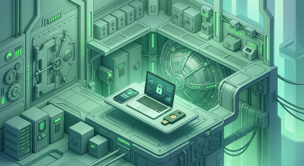 Hardware security key, phone, laptop, and vault representing strong crypto password habits