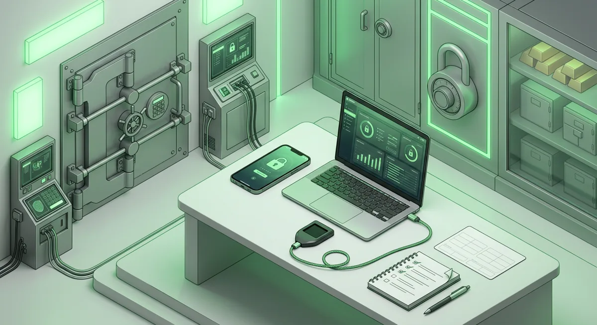 Self-custody key management checklist with wallets, locks, and recovery planning