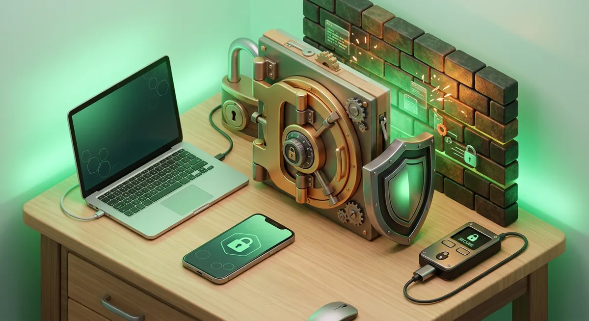 Laptop and phone protected by locks and a firewall before crypto wallet use