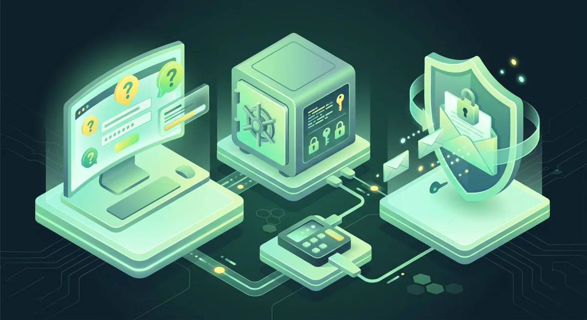Secure account recovery checklist with locks, devices, and a protected wallet