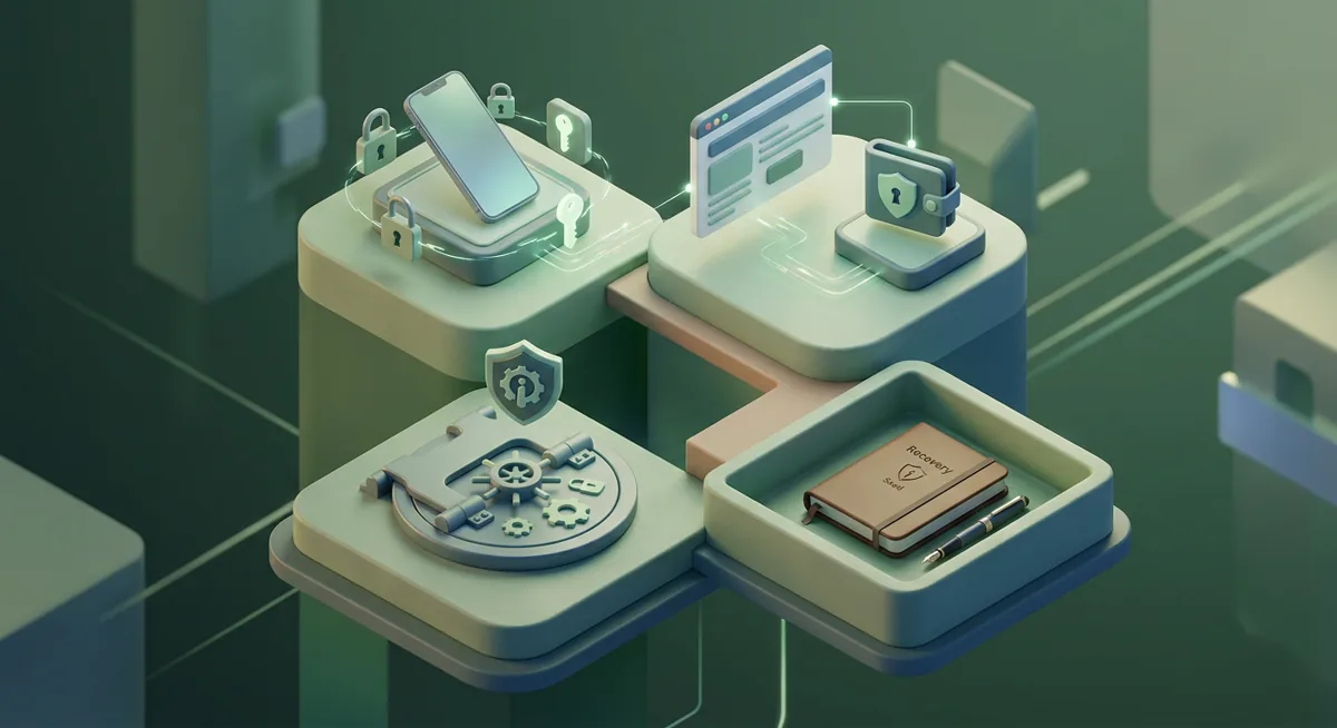 Isometric illustration of wallet access recovery with a phone, lock, vault, and support badge