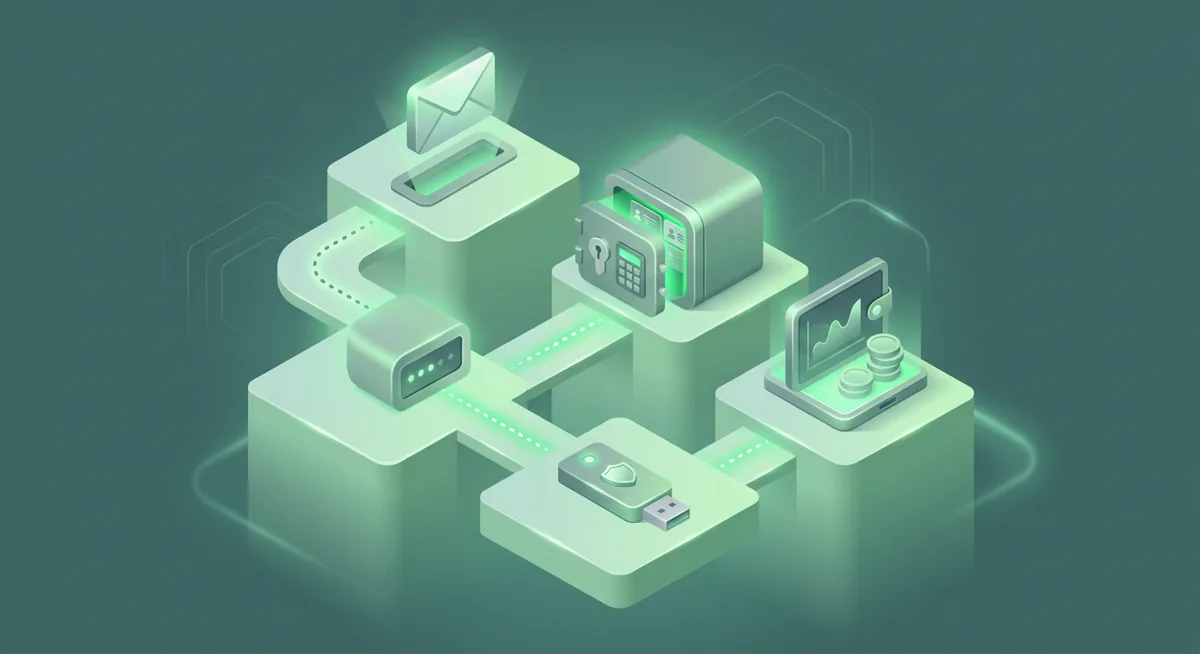 Isometric crypto account security checklist with email, password vault, hardware key, and wallet