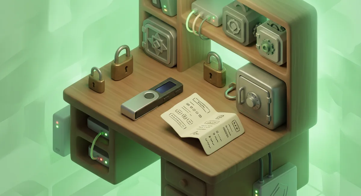 Hardware wallet recovery workspace with locks and a private backup card