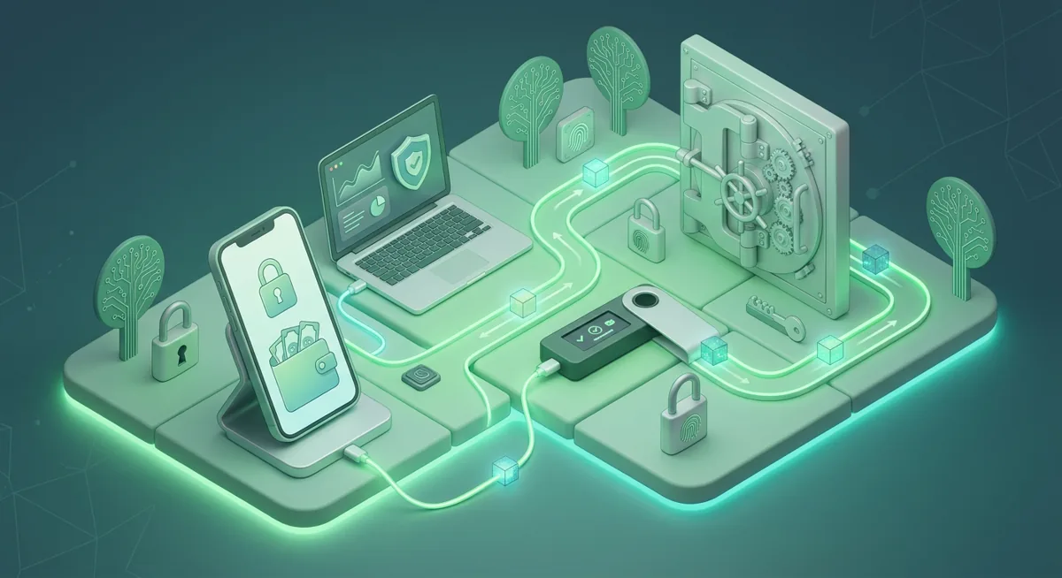 Isometric illustration of crypto wallet security with devices, locks, and a vault