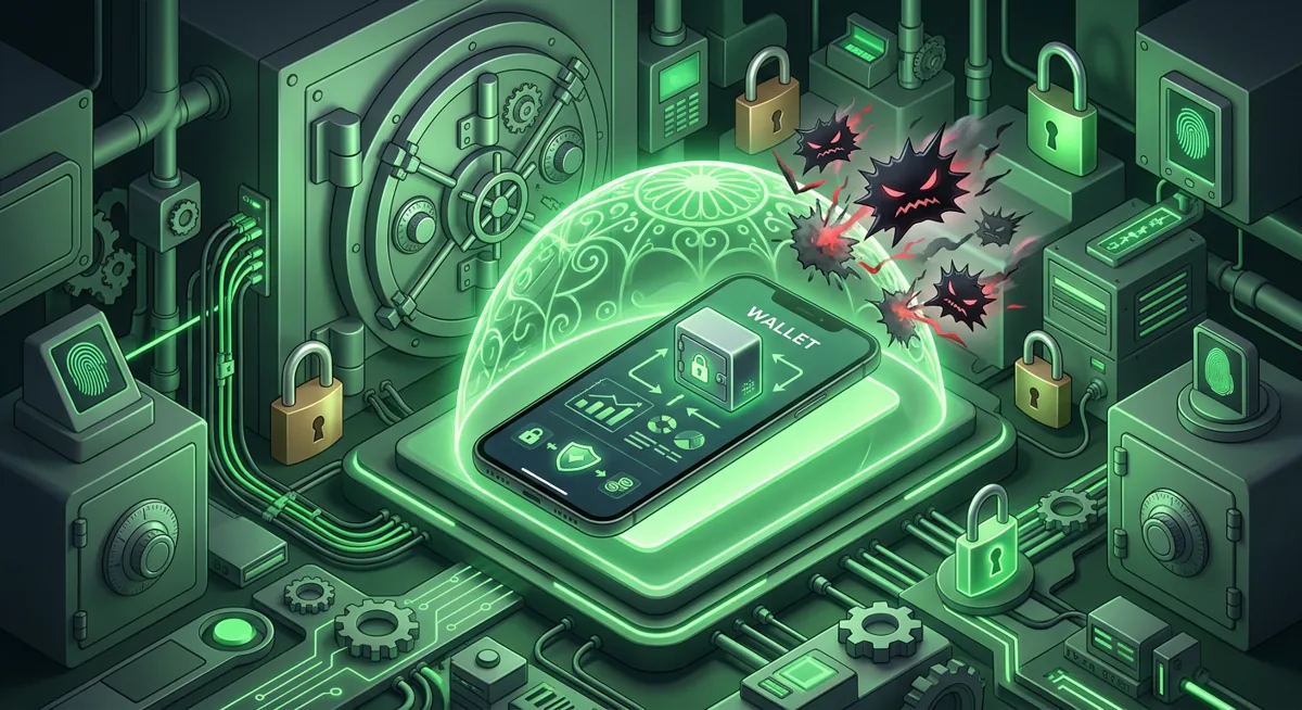 Wallet security illustration with a phone, vault, locks, and fake message warnings