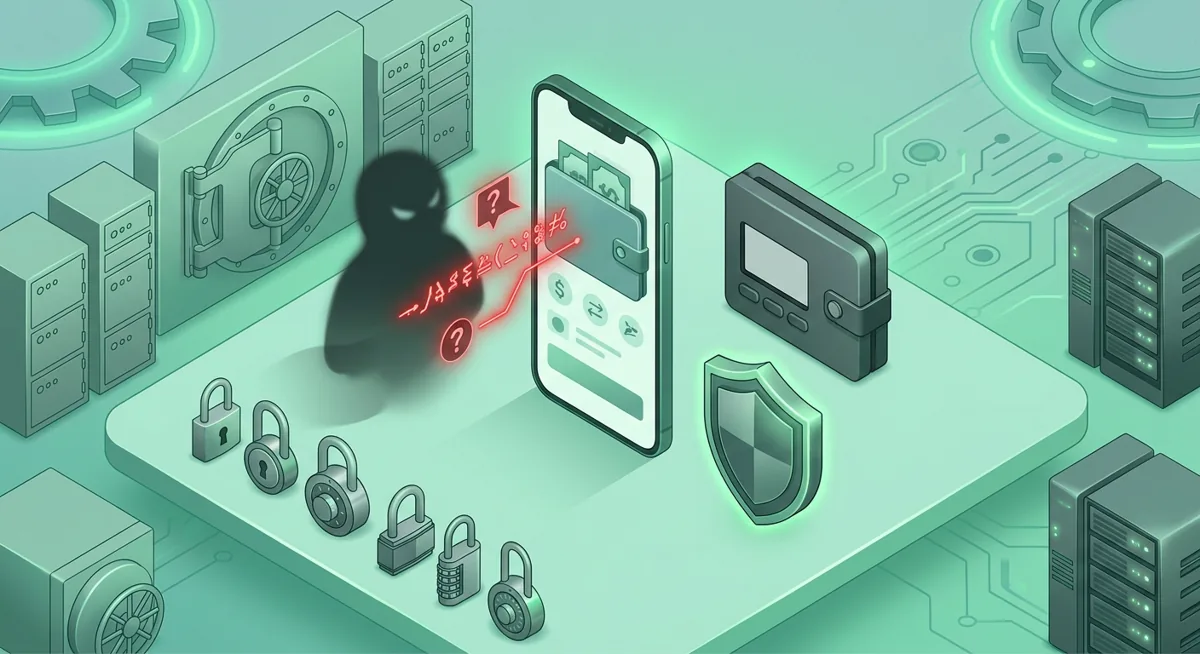 Isometric wallet security scene with devices, locks, and a warning message