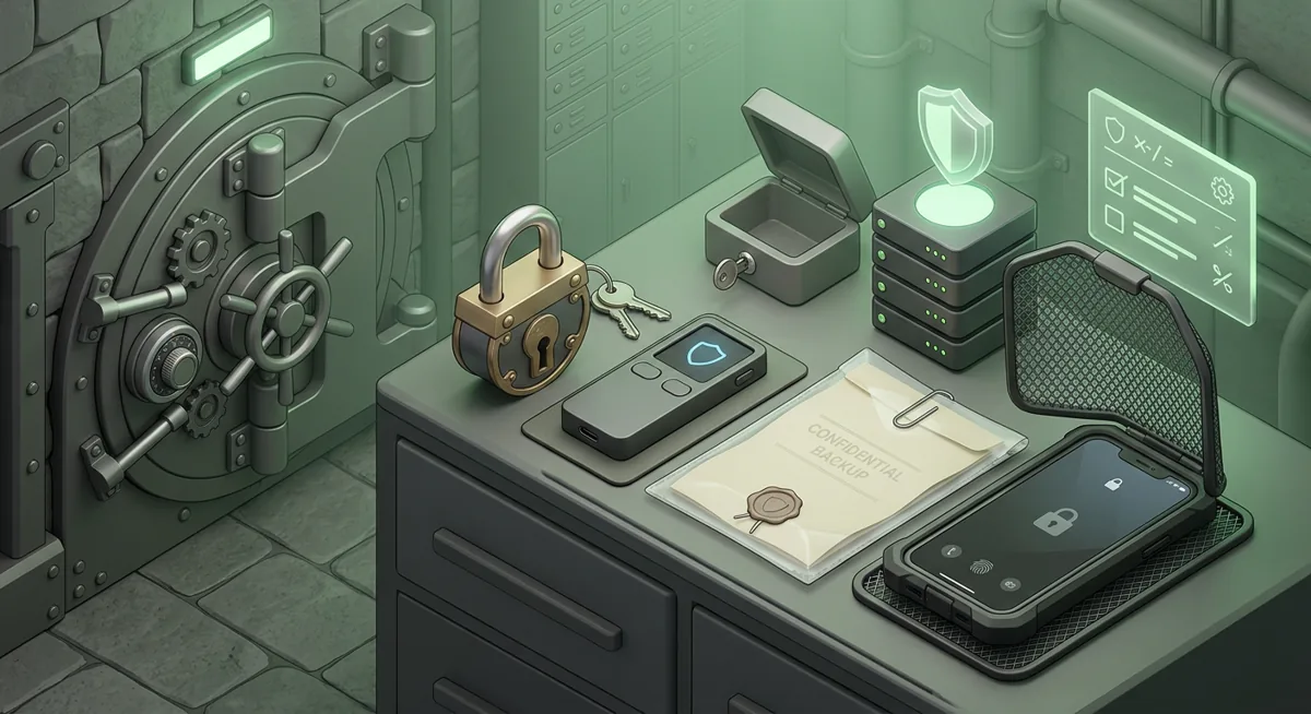Cold wallet crypto recovery checklist with hardware wallet, sealed backup, and protected devices
