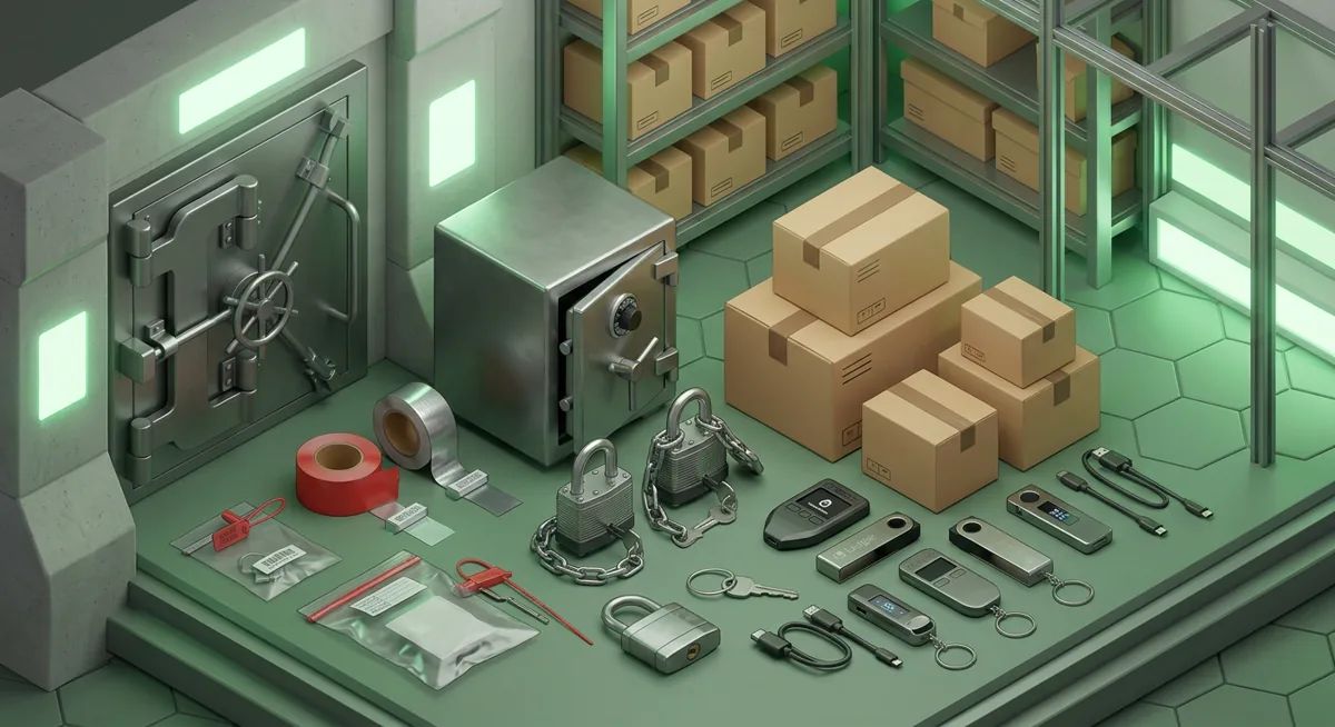 Secure package with tamper-evident seals beside hardware wallet devices and a small vault