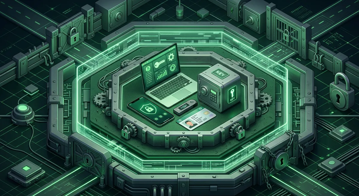 Crypto identity protection checklist with devices, locks, and a vault